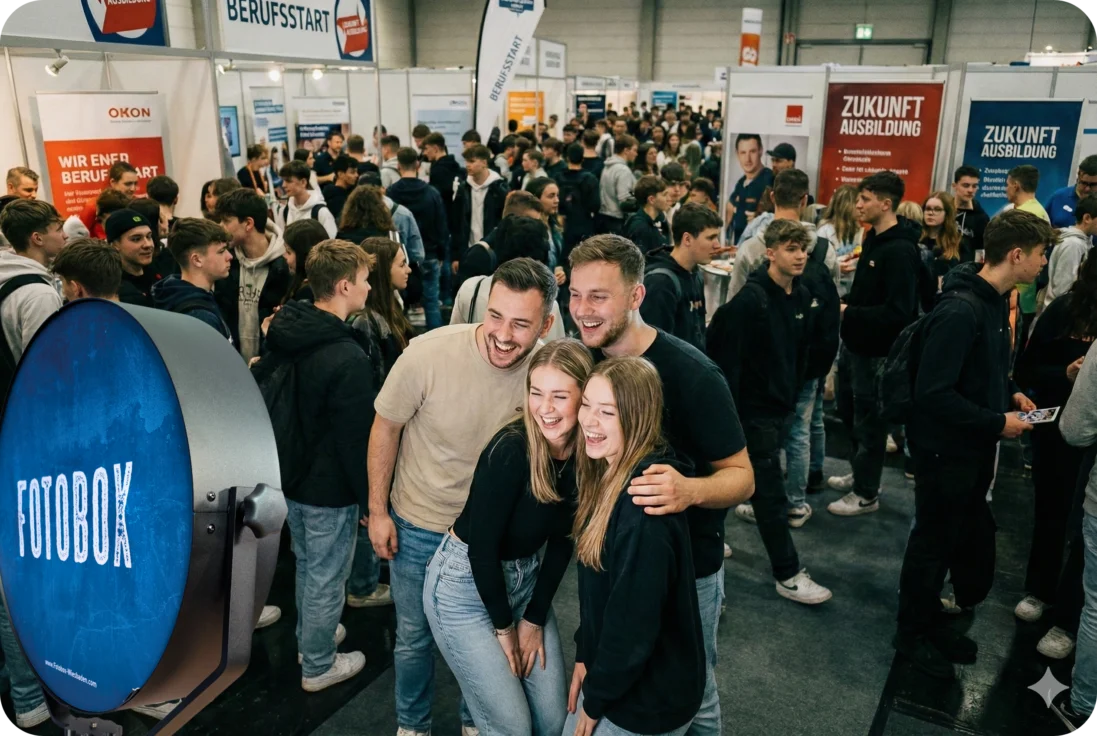 Zwei junge Frauen interagieren lachend mit der AIR CORE Fotobox an einem Messestand der Hochschule RheinMain.