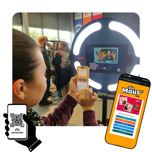 Eine Besucherin scannt den QR-Code an einer Fotobox auf der Buchmesse in Frankfurt, um ihr Foto direkt auf dem Smartphone zu teilen. Auf dem Bildschirm sind Optionen für Social Sharing über verschiedene Kanäle zu sehen.