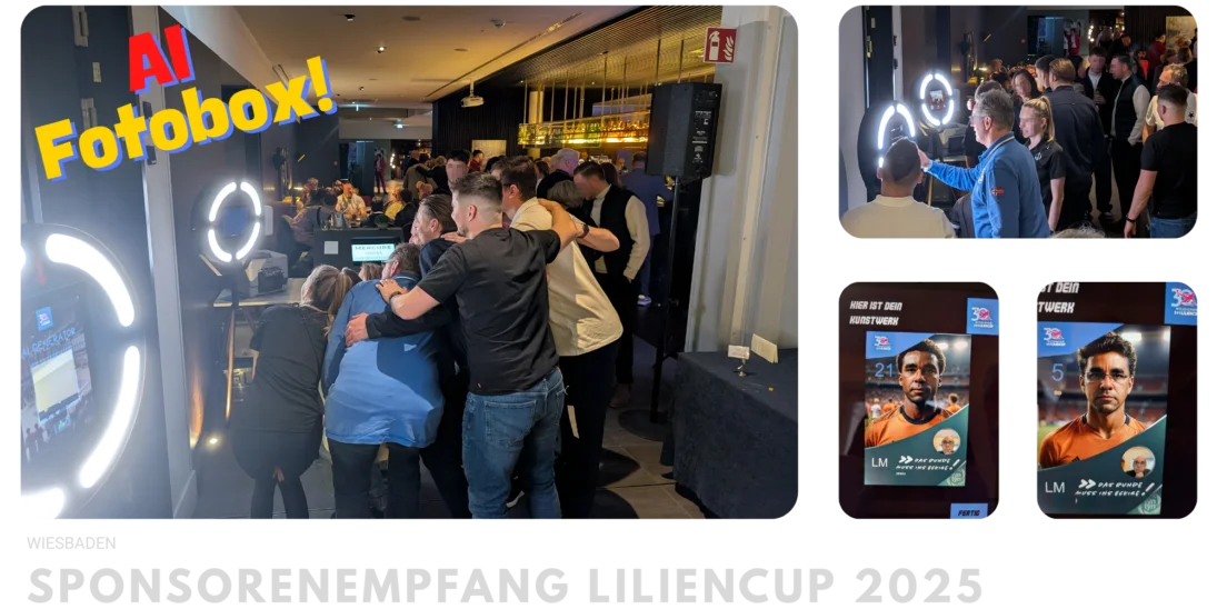 Eine Gruppe von Sponsoren umarmt sich für ein Foto an einer KI-Fotobox auf dem Sponsorempfang des Lilliencups. Die Fotobox erstellt eine digitale Spielerkarte von jedem Gast, die an die Designs des Lilliencups angelehnt ist.